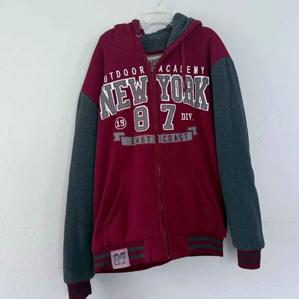Rock Revolution Academic New York Burgundy Fleece-Lined Jacket HOODIE Sz L